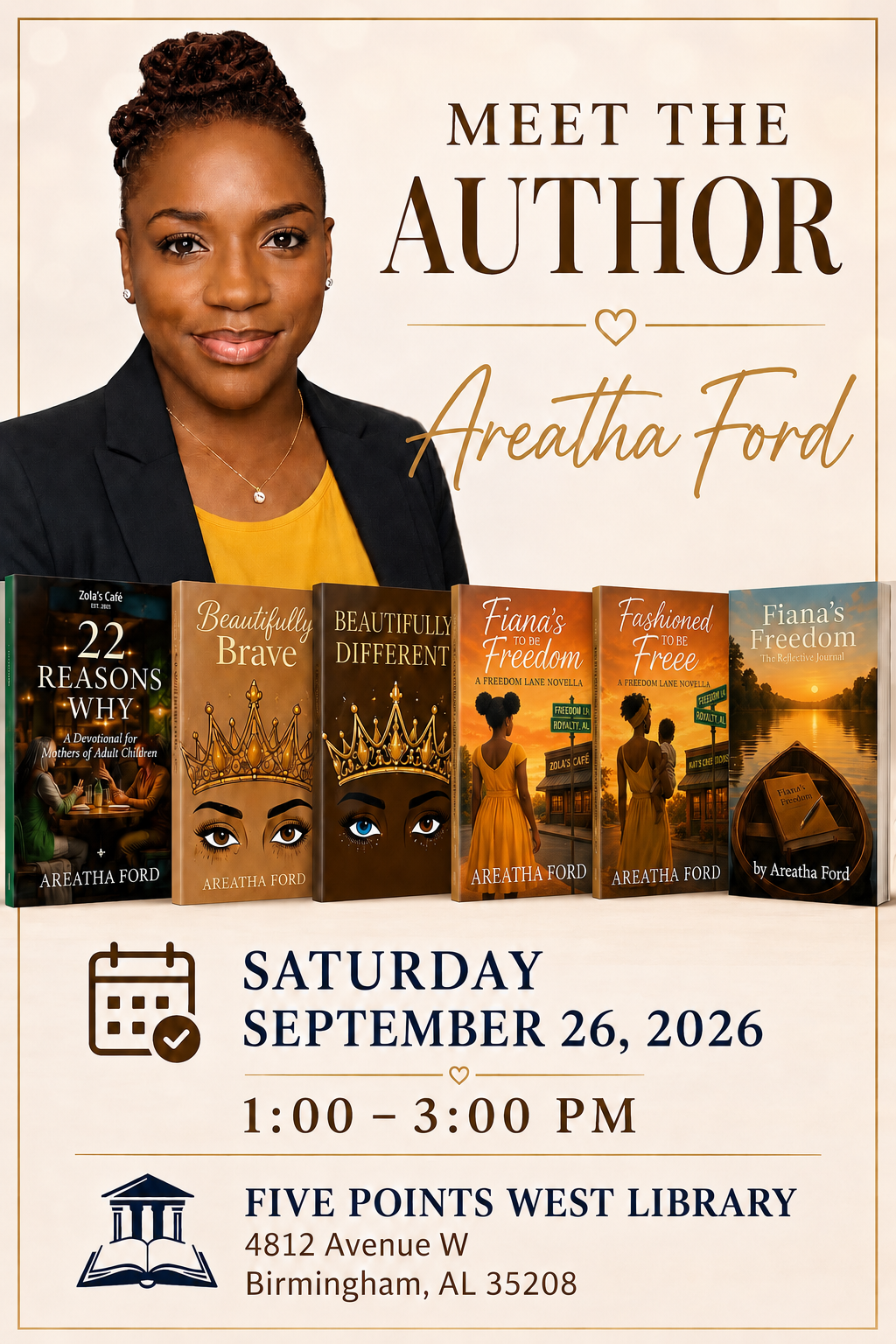 Meet author Areatha Ford at Five Points West Library in Birmingham Alabama on September 26 2026